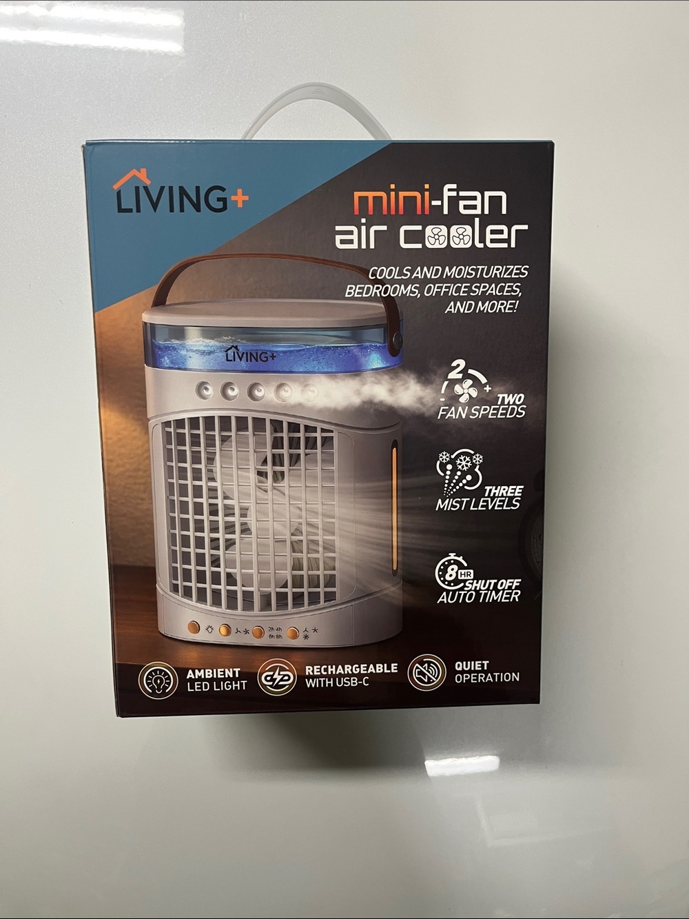 LIVING+ Mini-Fan Air Cooler - White with Blue Accent